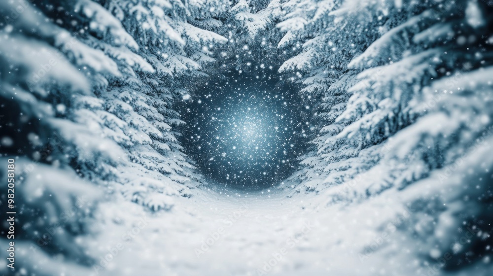 A serene winter landscape featuring snow-covered trees and gentle snowfall, creating a tranquil pathway through a snowy forest.
