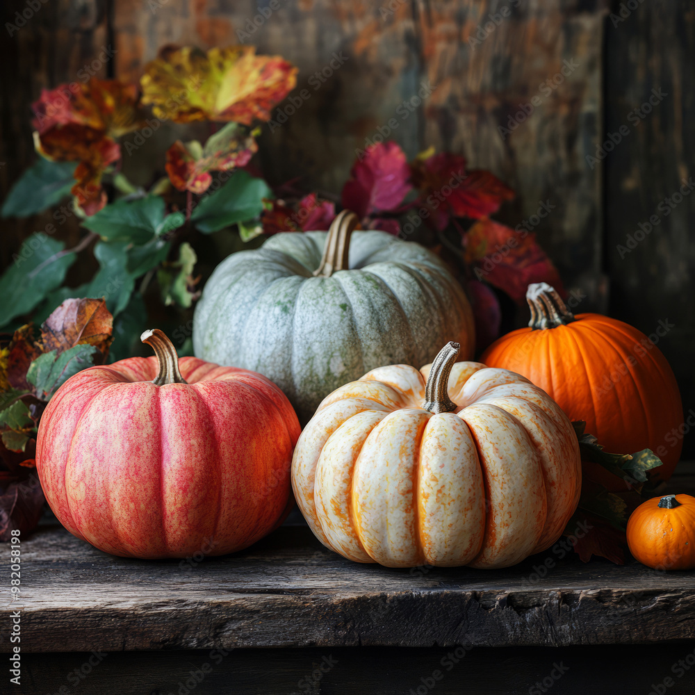 Autumn Harvest: Colorful Pumpkins On Rustic Wood. Autumn Harvest: Colorful Pumpkins On Rustic Wood.