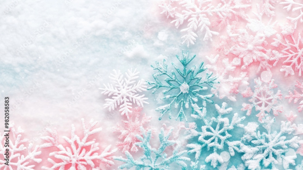 A serene winter background featuring delicate snowflakes in varying shades of blue and pink, creating a whimsical and festive atmosphere. A serene winter background featuring delicate snowflakes in varying shades of blue and pink, creating a whimsical and festive atmosphere.