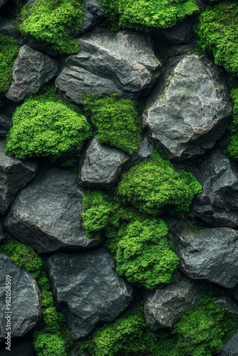 Lush Green Moss Covering Textured Dark Gray Stones in a Serene Natural Setting