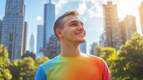 Smiling Man In Rainbow T-Shirt Against City Skyline photo