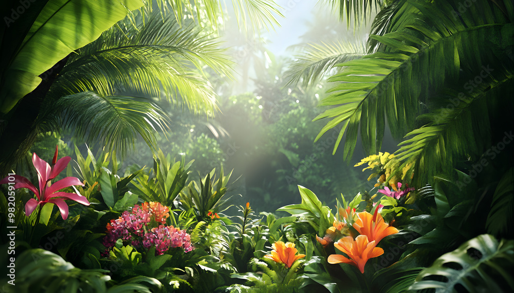 A lush jungle scene with vibrant green leaves and exotic flowers, bringing the warmth of the tropics to your screen A lush jungle scene with vibrant green leaves and exotic flowers, bringing the warmth of the tropics to your screen