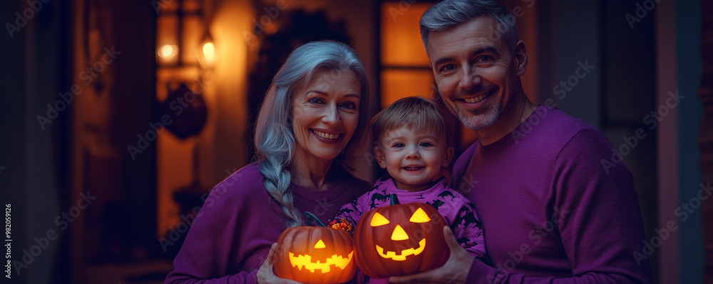 Multi-Generational Family with Glowing Candy Bags at Haunted House for Halloween
Multi-Generational Family with Glowing Candy Bags at Haunted House for Halloween