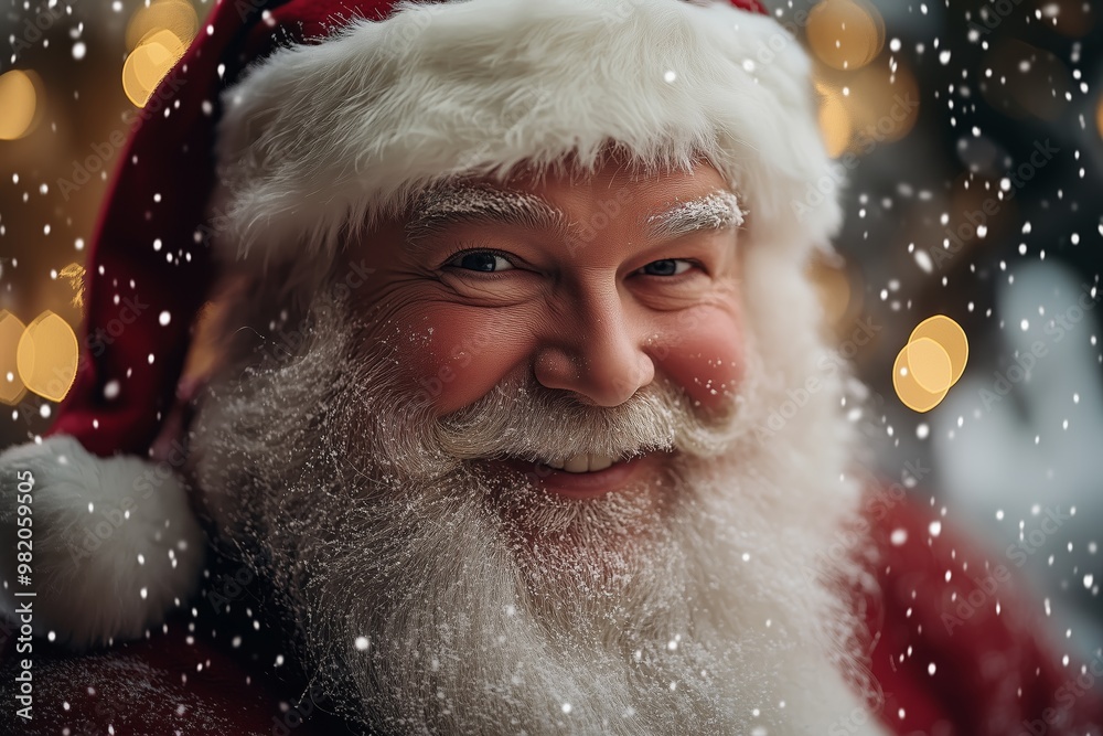 Santa Claus smiling at the camera with backdrop of twinkling lights and snowflakes Santa Claus smiling at the camera with backdrop of twinkling lights and snowflakes