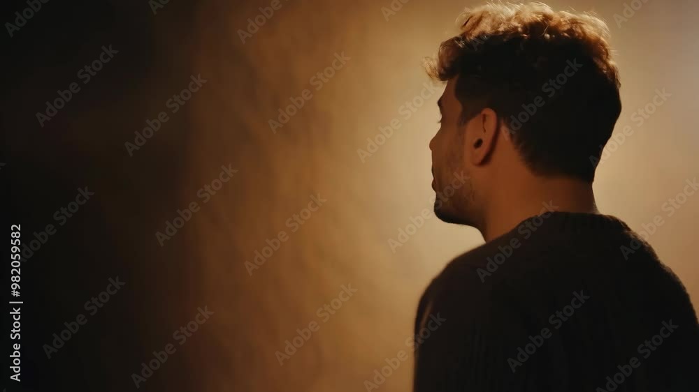 Silhouette of a pensive man in warm ambient lighting Silhouette of a pensive man in warm ambient lighting