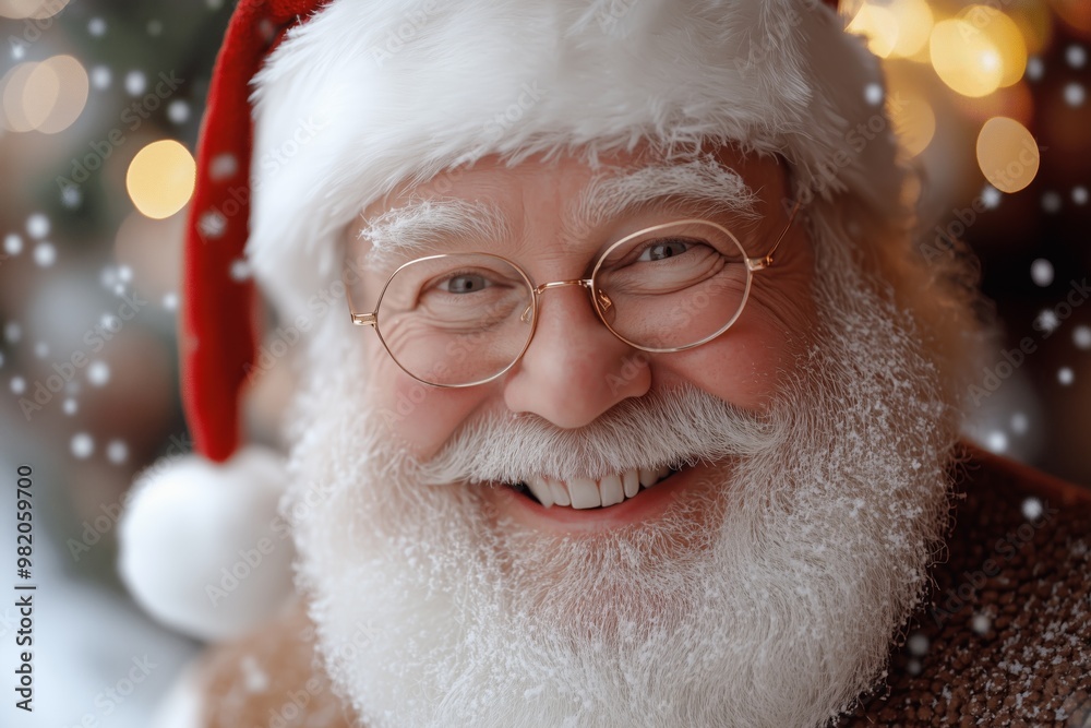 Santa Claus smiling at the camera with backdrop of twinkling lights and snowflakes Santa Claus smiling at the camera with backdrop of twinkling lights and snowflakes