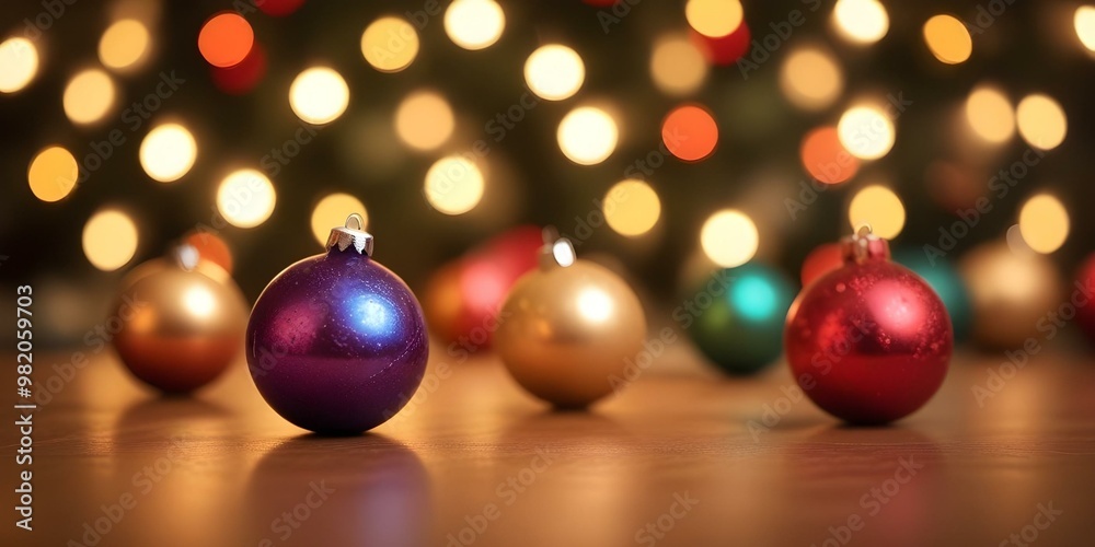 Blurred Christmas ornaments and lights with a warm, festive background.