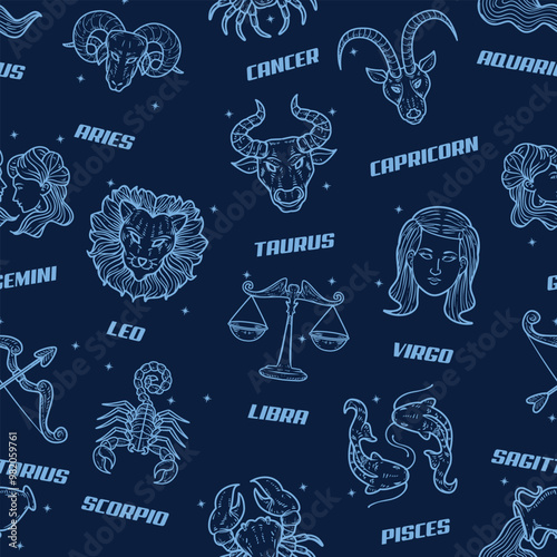 seamless pattern with Zodiac, astronomical constellations, astronomy, horoscopic, astrology, vector art illustration design