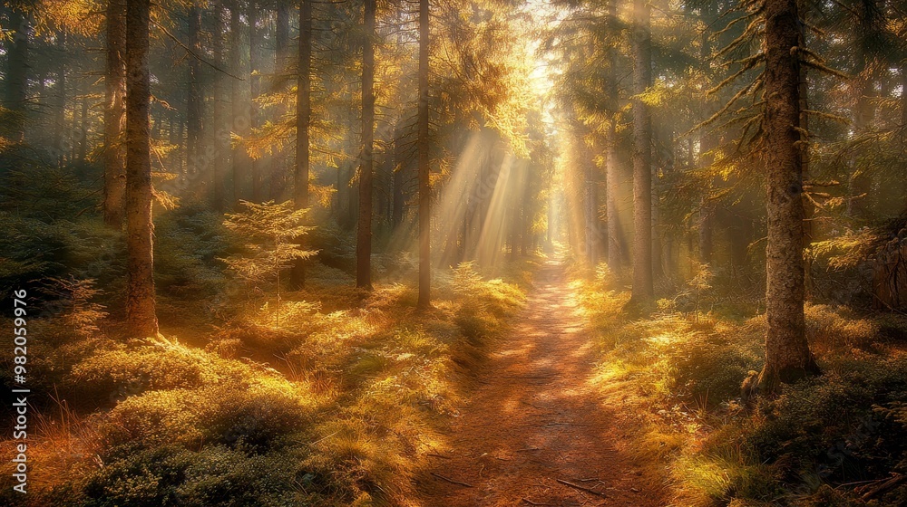 Obraz premium Golden shafts of light bathe the pine-kissed path, creating an ethereal tapestry of nature's artistry.