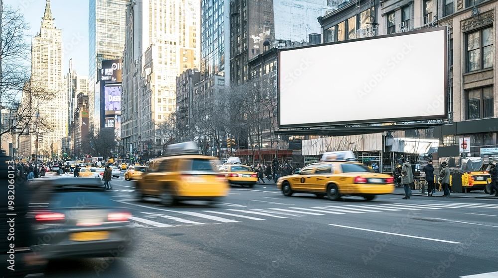 Naklejka premium A large billboard on a busy city street corner, blank or isolated for advertising mockups, with cars and pedestrians in the background.