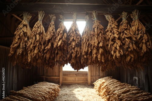 Tobacco Leaves Drying in an Old Barn With Sunlight Streaming Through the Windows, Showcasing Traditional Curing Methods