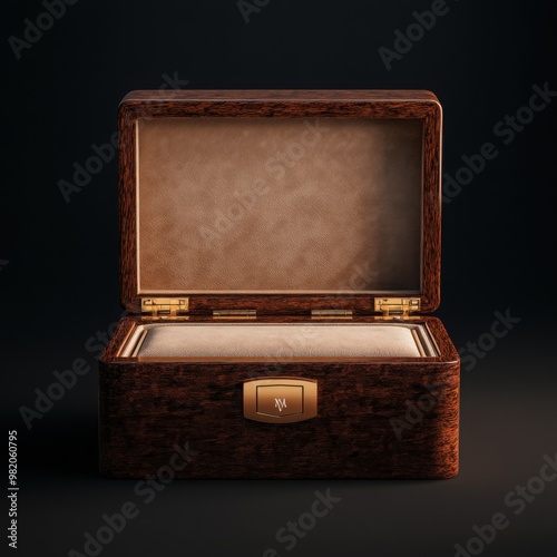 A classic wooden box with a gold clasp, featuring a rich texture and an empty interior, set against a dark background.