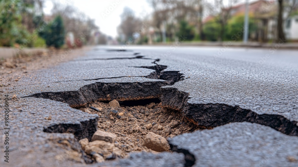 Cracks in the Pavement Reveal Damage Caused by Earthquake Effects on Residential Street in Early Spring Cracks in the Pavement Reveal Damage Caused by Earthquake Effects on Residential Street in Early Spring