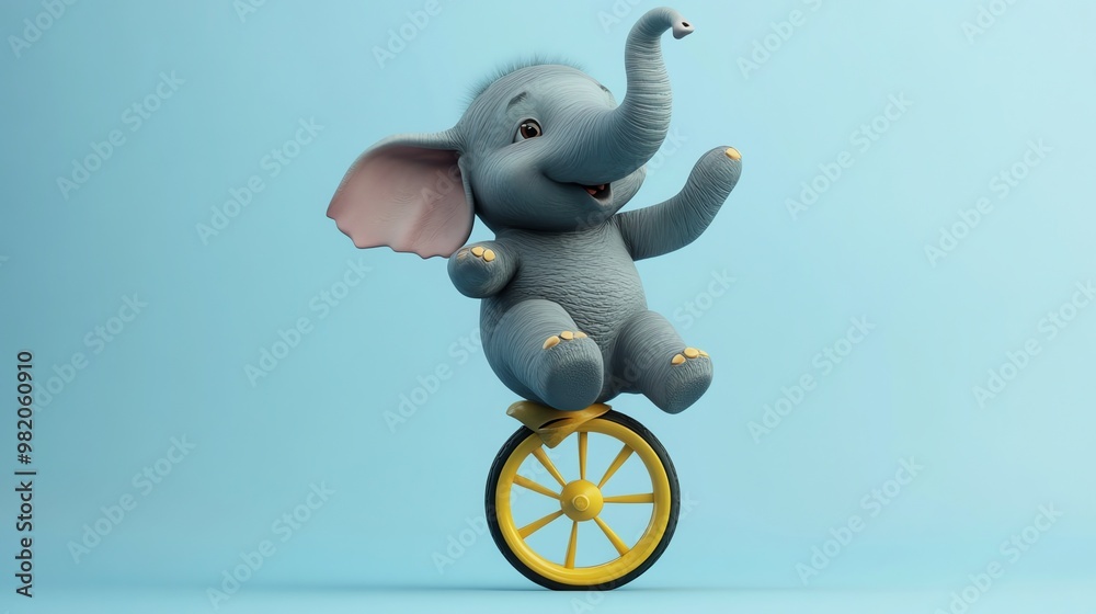 A cute cartoon elephant is riding a unicycle. A cute cartoon elephant is riding a unicycle.