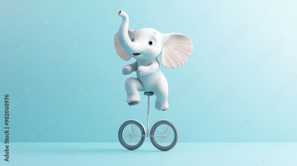 Adorable cartoon elephant riding a unicycle on a blue background. Adorable cartoon elephant riding a unicycle on a blue background.