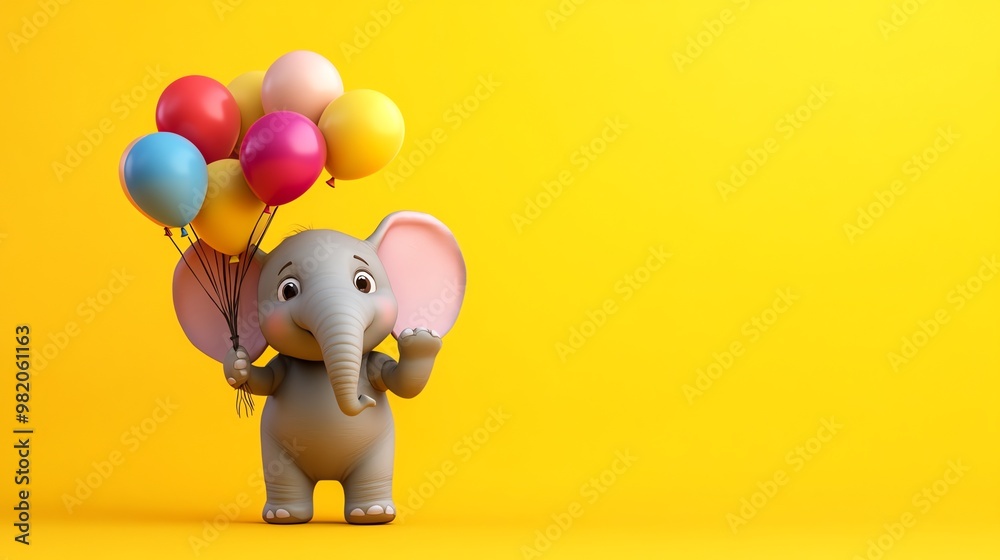 A cute cartoon elephant holding a bunch of colorful balloons in front of a yellow background. A cute cartoon elephant holding a bunch of colorful balloons in front of a yellow background.