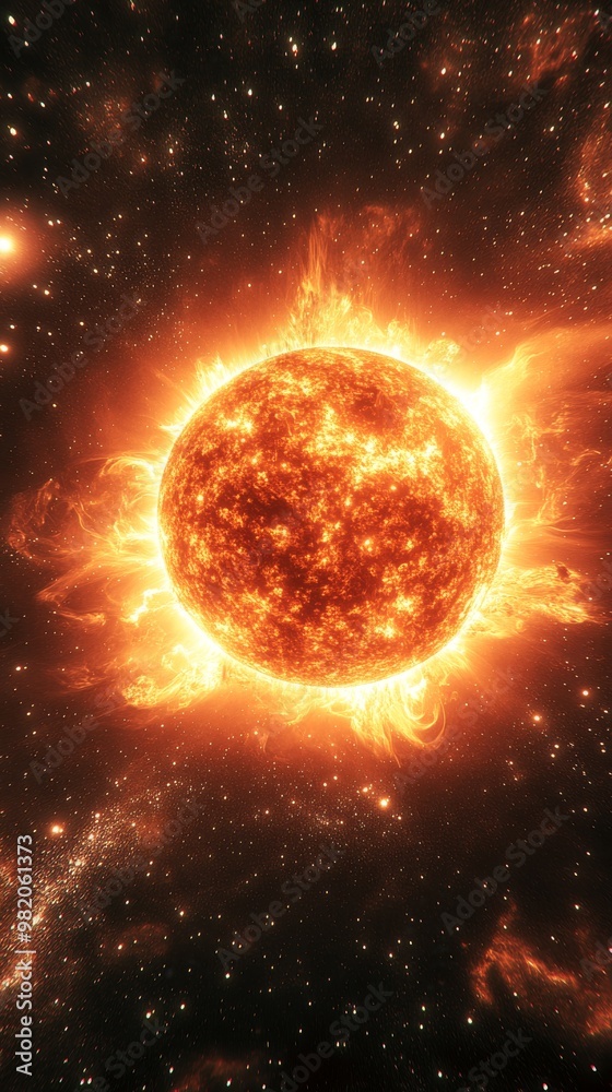 Fototapeta premium Glowing Sun Against a Cosmic Backdrop Showcasing Vibrant Solar Flares and Distant Stars in the Vast Universe