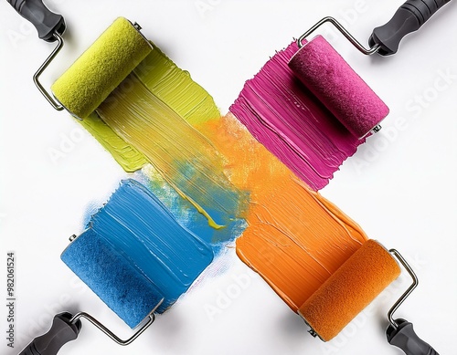 paint roller brushes mixing colours background photo