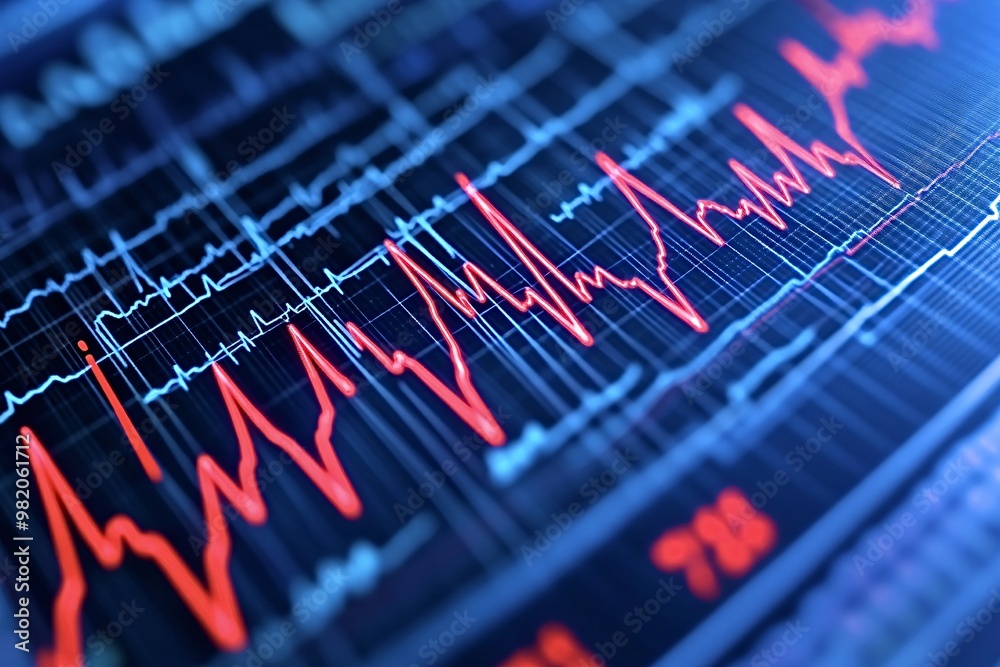 Ekg machine is displaying an irregular heart rate with a red line moving up and down on a grid pattern. The lines represent the electrical activity of the heart Ekg machine is displaying an irregular heart rate with a red line moving up and down on a grid pattern. The lines represent the electrical activity of the heart