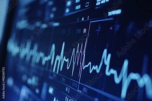 Electrocardiogram in a hospital monitoring vital signs of a patient recovering from surgery. The graph is showing an increase in heart rate