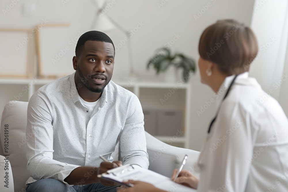 Man discussing with therapist, engaging in mental well-being Man discussing with therapist, engaging in mental well-being