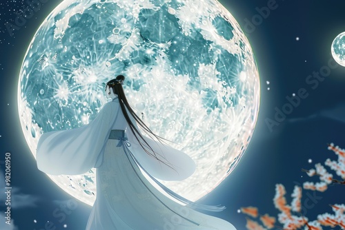 Woman gazing at giant moon, cherry blossoms, night scene