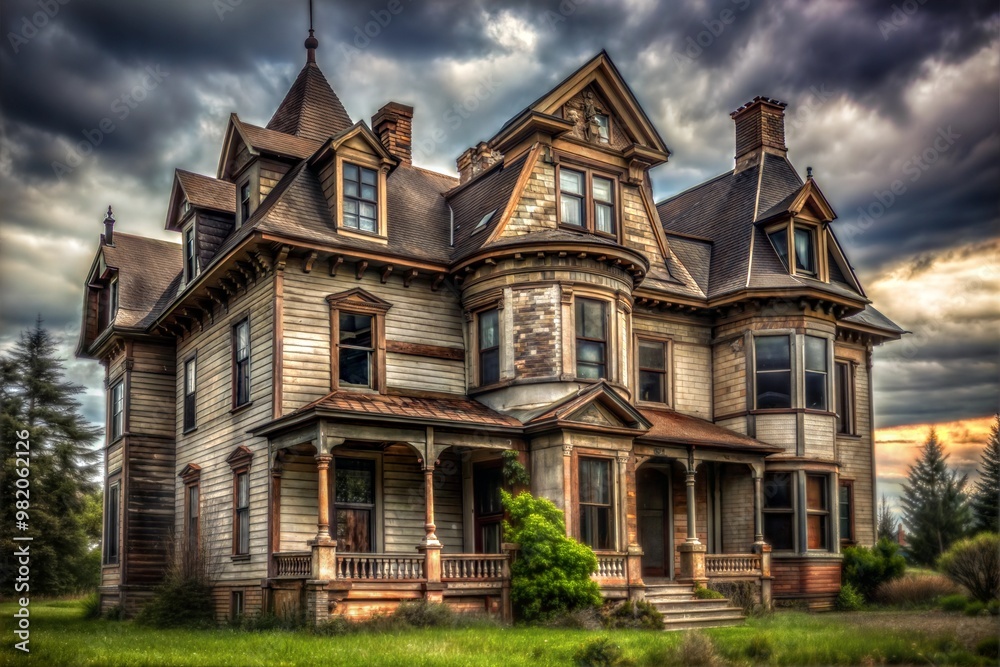 Old victorian mansion with dramatic sky and weathered exterior Old victorian mansion with dramatic sky and weathered exterior