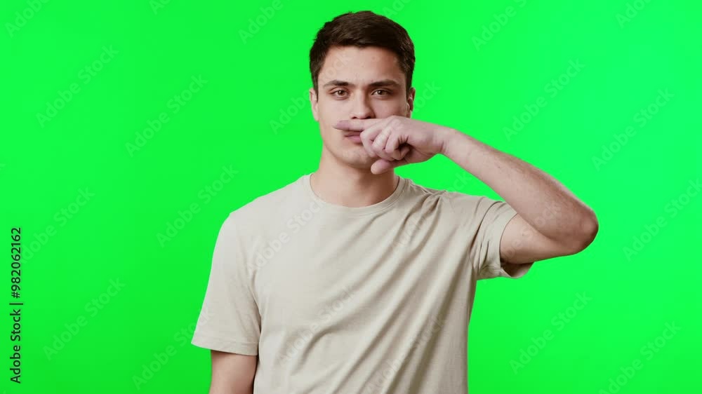 A young man stands before a bright green backdrop, with a contemplative expression on his face, gently touching his lips with his finger as he thinks.