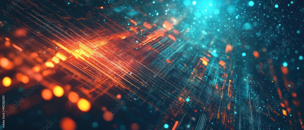 Fototapeta premium Abstract digital landscape with glowing lines and particles in vibrant colors.