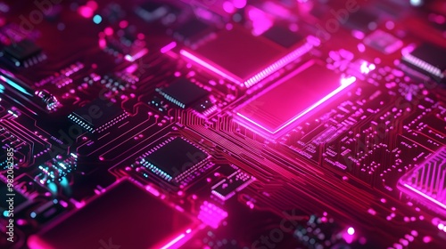 Close-up of a Pink Neon Illuminated Circuit Board