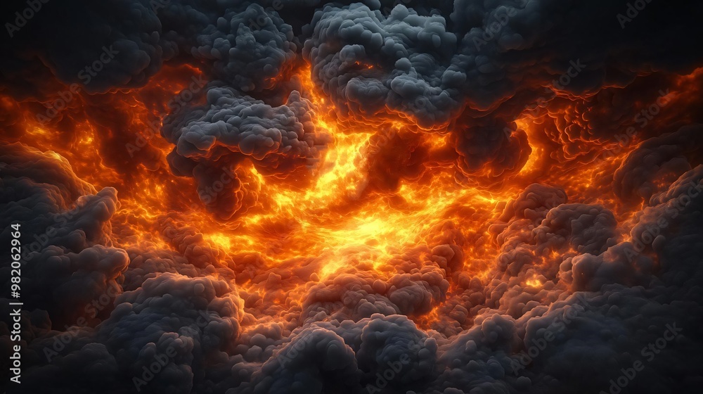 A dramatic scene of fiery lava flowing through dark clouds, creating a striking contrast of light and shadow in nature. A dramatic scene of fiery lava flowing through dark clouds, creating a striking contrast of light and shadow in nature.