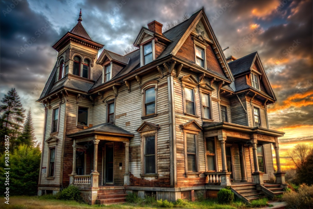 Large victorian house with sunset and surrounding trees Large victorian house with sunset and surrounding trees