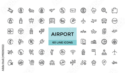 Set of line icons related to airport. Linear icon collection. Editable stroke. Big web and UI icon set in a flat design. Thin outline icons pack. Vector illustration