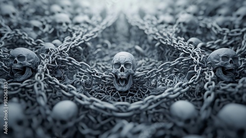 A haunting arrangement of skulls and chains, symbolizing death and confinement. Dark and eerie visual for horror themes. photo