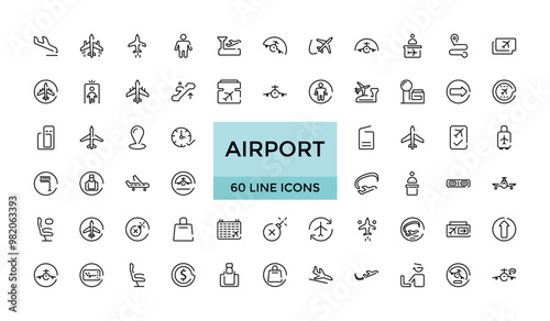 Set of line icons related to airport. Linear icon collection. Editable stroke. Big web and UI icon set in a flat design. Thin outline icons pack. Vector illustration