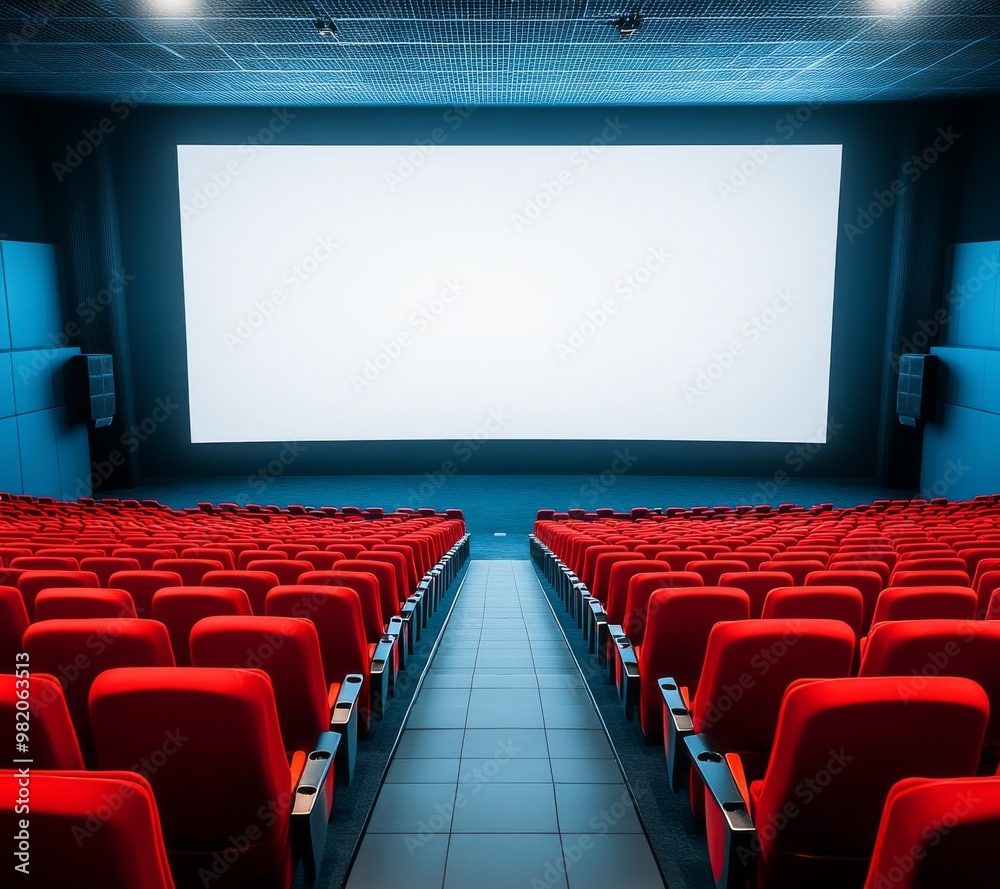 Empty Cinema Auditorium With Red Chairs and a Large White Screen Ready for the Next Film Showing in a Modern Setting Empty Cinema Auditorium With Red Chairs and a Large White Screen Ready for the Next Film Showing in a Modern Setting