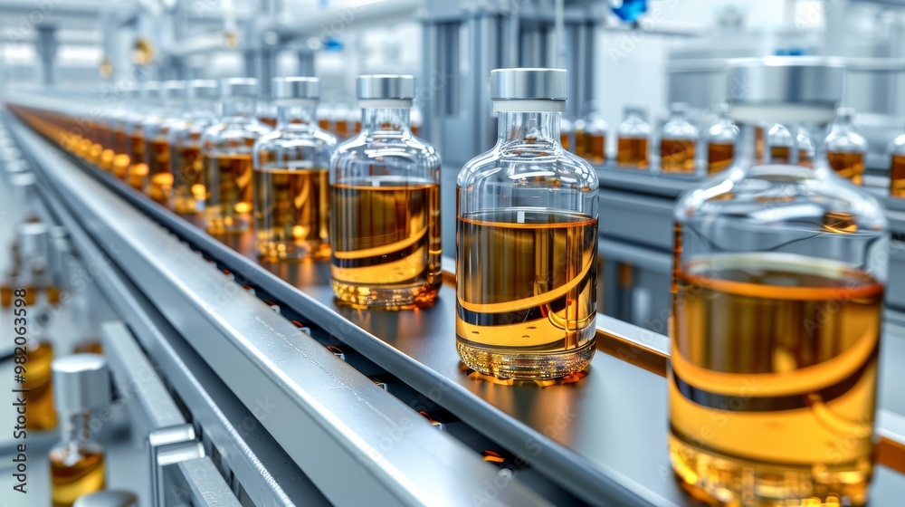 Bottles of Amber Liquid on a Production Line in a Modern Distillery During the Daytime Bottles of Amber Liquid on a Production Line in a Modern Distillery During the Daytime