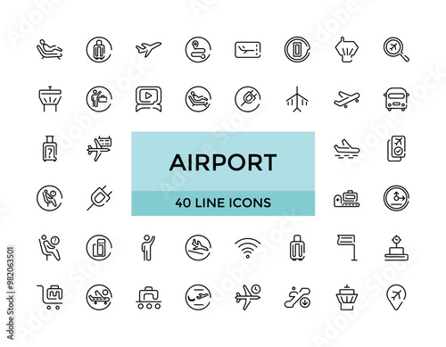 Set of line icons related to airport. Linear icon collection. Editable stroke. Big web and UI icon set in a flat design. Thin outline icons pack. Vector illustration