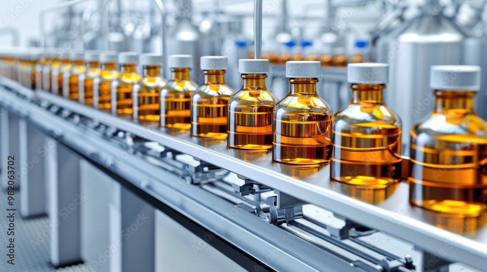 Bottles of Amber Liquid Moving Along a Conveyor in a Modern Manufacturing Facility During Daytime Operations Bottles of Amber Liquid Moving Along a Conveyor in a Modern Manufacturing Facility During Daytime Operations