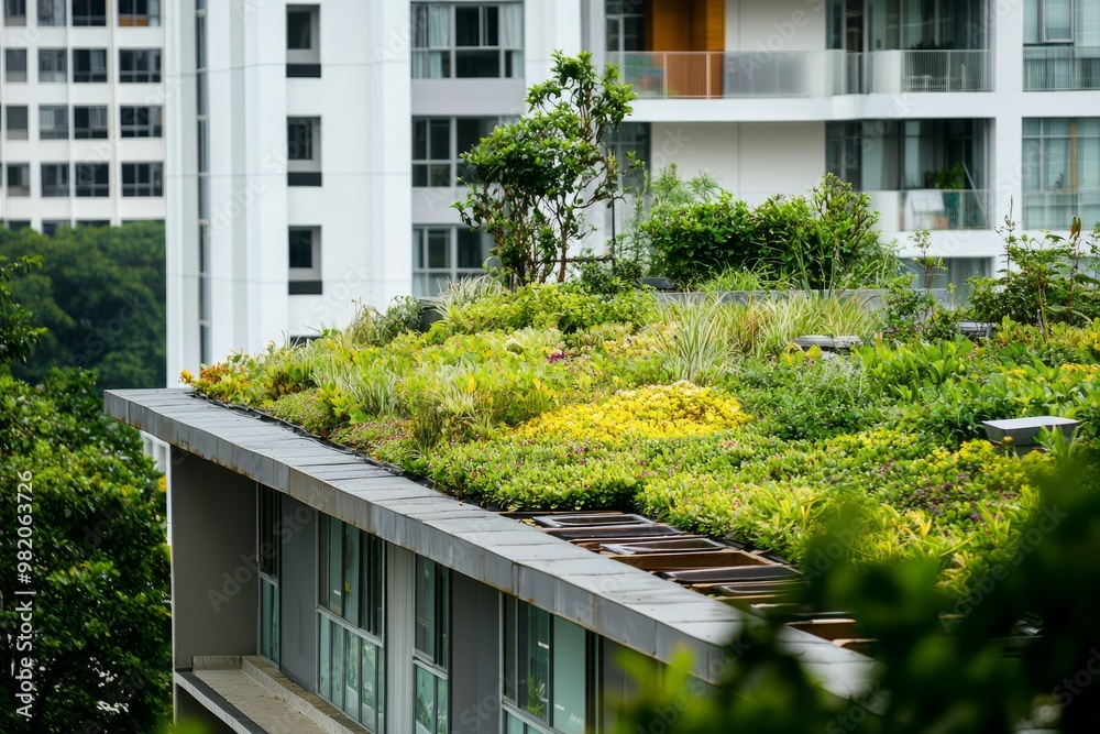 Fototapeta premium A Building’s Green Roof Is Covered With Plants. The Green Roof Helps With Insulation And Rainwater Absorption