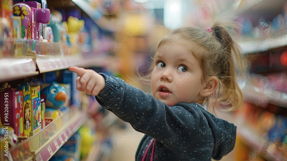 A small child in a toy store points to the desired toy with a ball. A little girl asks to buy a toy. The concept of children's tantrums in the store A small child in a toy store points to the desired toy with a ball. A little girl asks to buy a toy. The concept of children's tantrums in the store