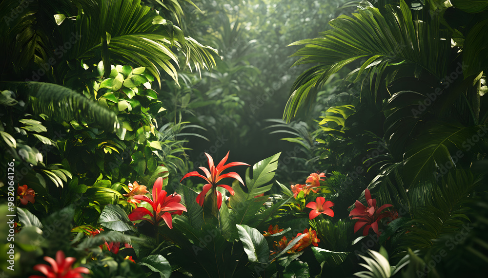 A lush jungle scene with vibrant green leaves and exotic flowers, bringing the warmth of the tropics to your screen A lush jungle scene with vibrant green leaves and exotic flowers, bringing the warmth of the tropics to your screen