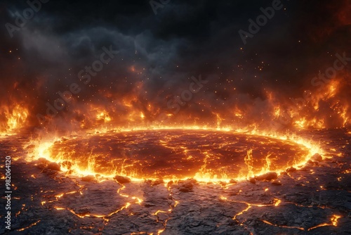 A stunning visual of a fiery circle surrounded by molten lava, creating an intense and dramatic atmosphere. photo