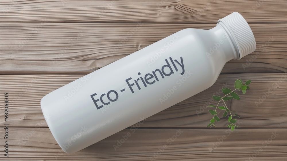 Eco-Friendly Reusable Water Bottle on Wooden Surface with Small Green Plant Eco-Friendly Reusable Water Bottle on Wooden Surface with Small Green Plant