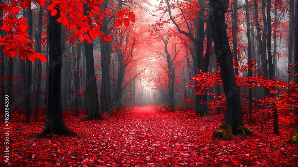 Fototapeta premium A Vibrant Red Forest Landscape During Autumn Showcasing Colorful Foliage Along a Tranquil Pathway