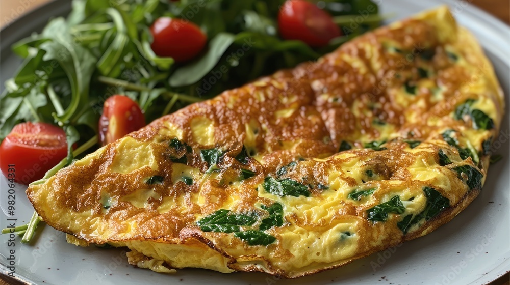 Spinach omelet with green salad. Generative AI. Spinach omelet with green salad. Generative AI.