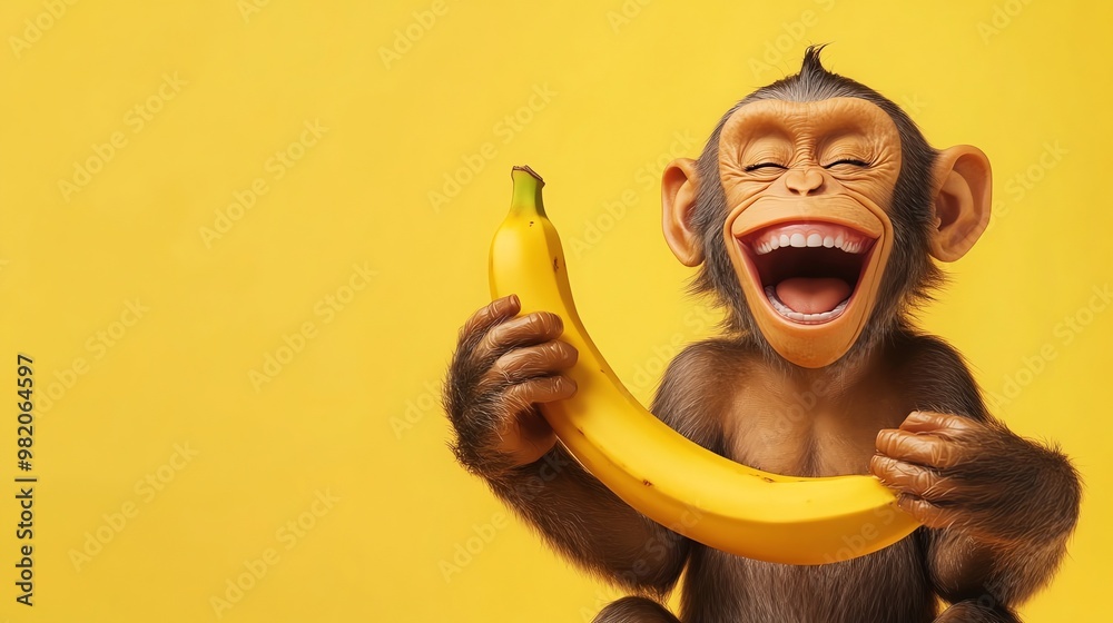 Fototapeta Funny 3D rendering of a monkey laughing and holding a banana against a yellow background.