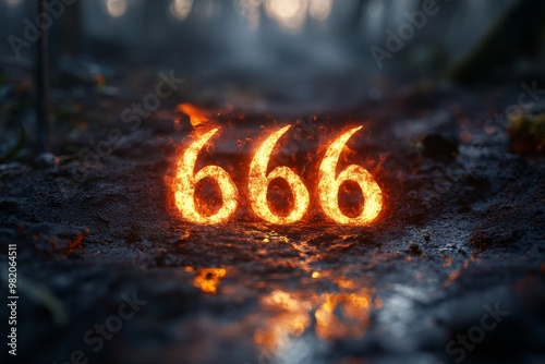 Mysterious Glowing Number 666 Amidst Dark Forest Floor at Dusk Evoking a Haunting Atmosphere photo