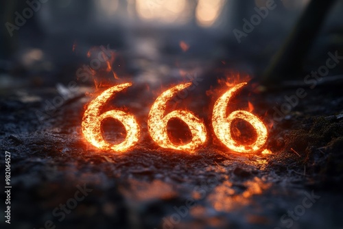 Glowing Fiery Number 666 on the Forest Floor During Twilight, Surrounded by Dark Trees and an Eerie Atmosphere