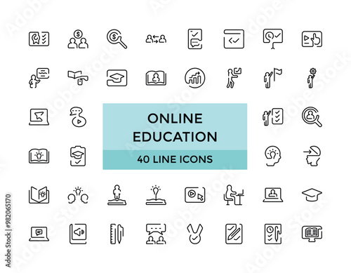 Online education and seminar line icons set, Big web and UI icon set in a flat design. Thin outline icons pack. Vector illustration